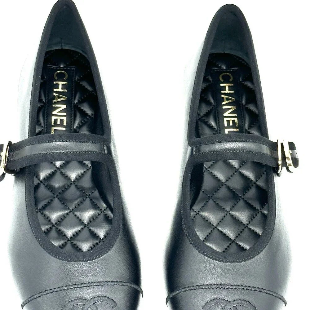 CHANEL REV CC Logo Leather Mary Jane Ankle Strap Flat Ballerina Shoes Black - Picture 6 of 15
